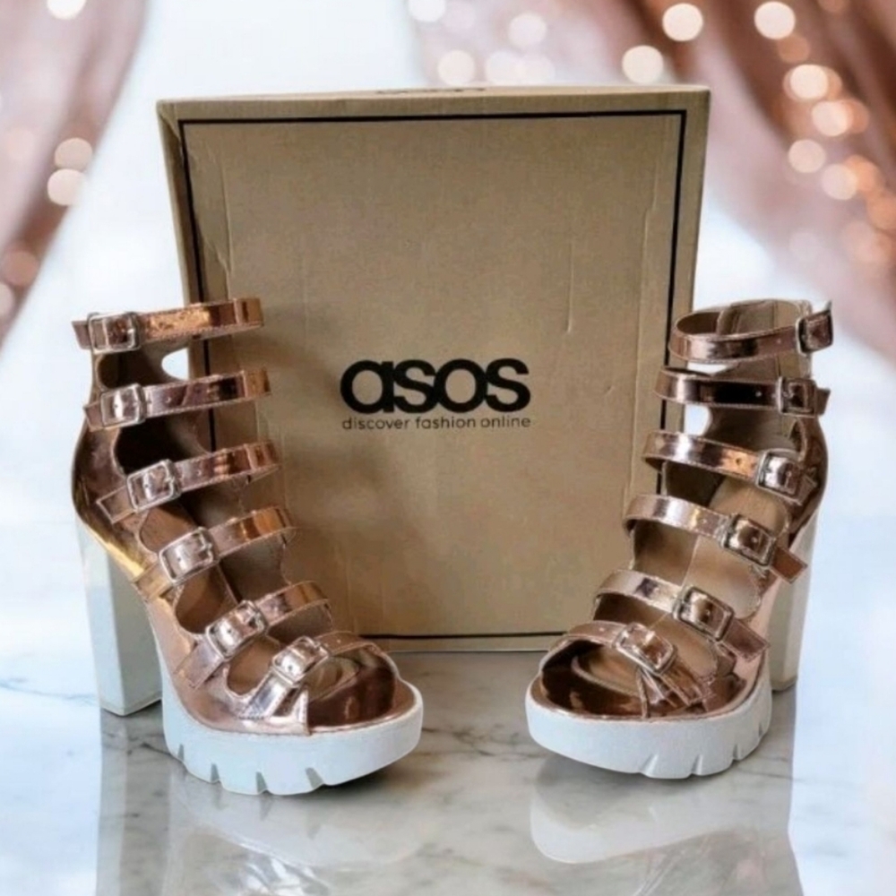 Asos Orlanda Chunky Platform Buckle Sandals Metallic Open Toe Shoes Rose Gold 6
